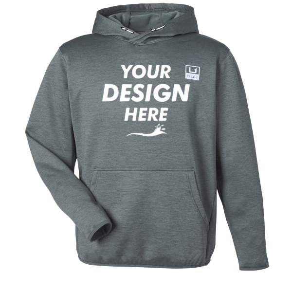 HUK Men's Coldfront+ Performance Hooded Sweatshirt, Volcanic Ash Heather, Front view, Mockup