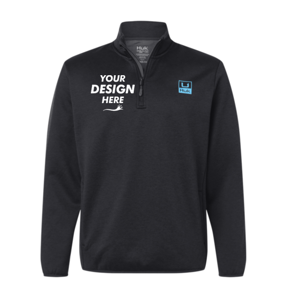 HUK Men's Coldfront+ Quarter-Zip Pullover, Heather Black, Front view, Mockup