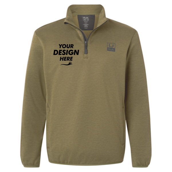 HUK Men's Coldfront+ Quarter-Zip Pullover, Overland Heather, Front view, Mockup