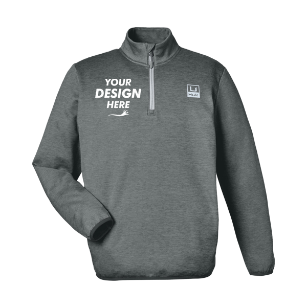 HUK Men's Coldfront+ Quarter-Zip Pullover, Volcanic Ash Heather, Front view, Mockup
