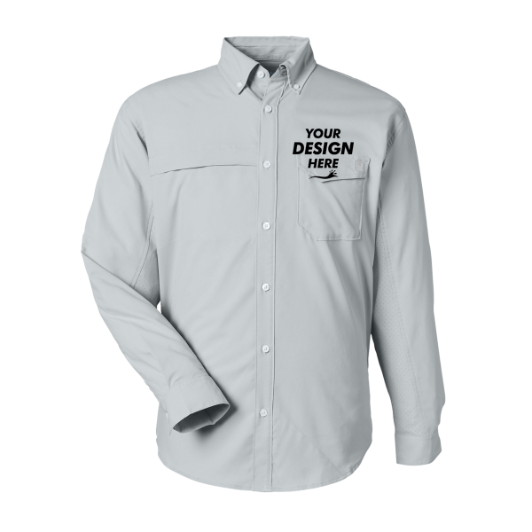 HUK Men's Tide Point Pocket Fishing Shirt, Harbor Mist, Front view, Mockup