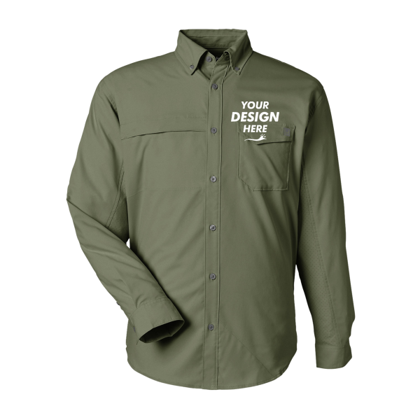 HUK Men's Tide Point Pocket Fishing Shirt, Moss, Front view, Mockup