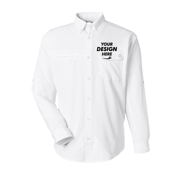 HUK Men's Tide Point Pocket Fishing Shirt, White, Front view, Mockup