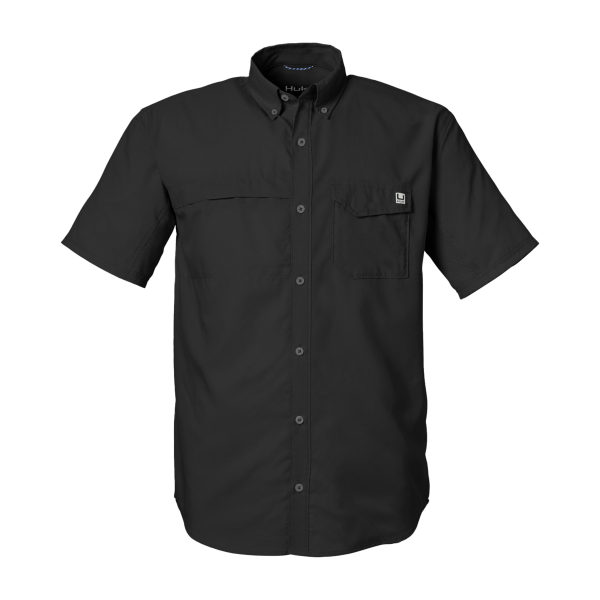 HUK Men's Tide Point Short Sleeve Shirt, Black, Front view