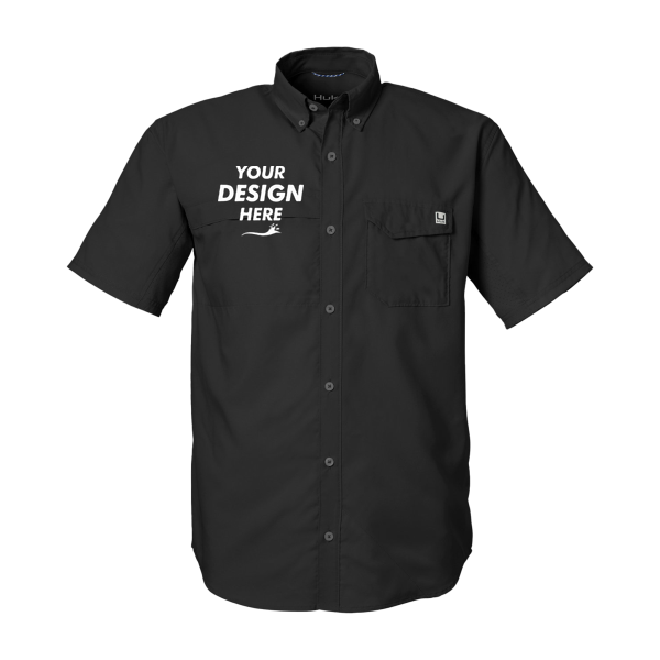HUK Men's Tide Point Short Sleeve Shirt, Black, Front view, Mockup