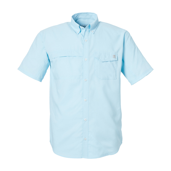 HUK Men's Tide Point Short Sleeve Shirt, Crystal Blue, Front view