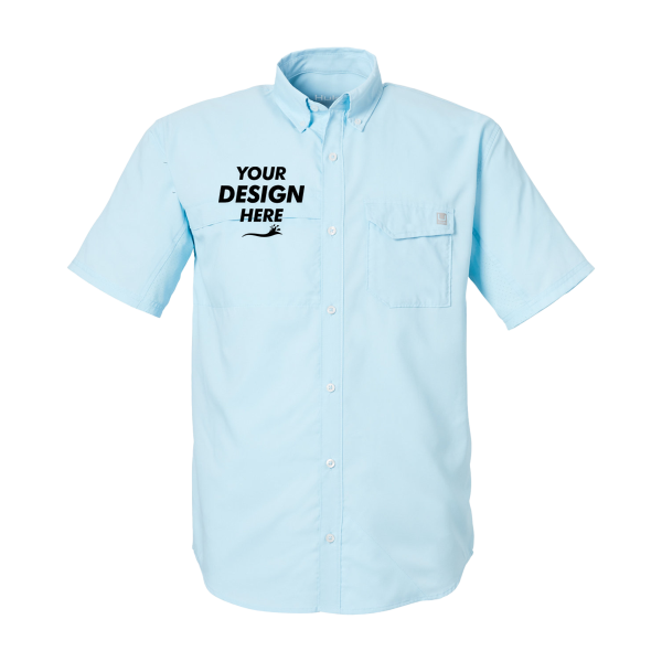 HUK Men's Tide Point Short Sleeve Shirt, Crystal Blue, Front view, Mockup