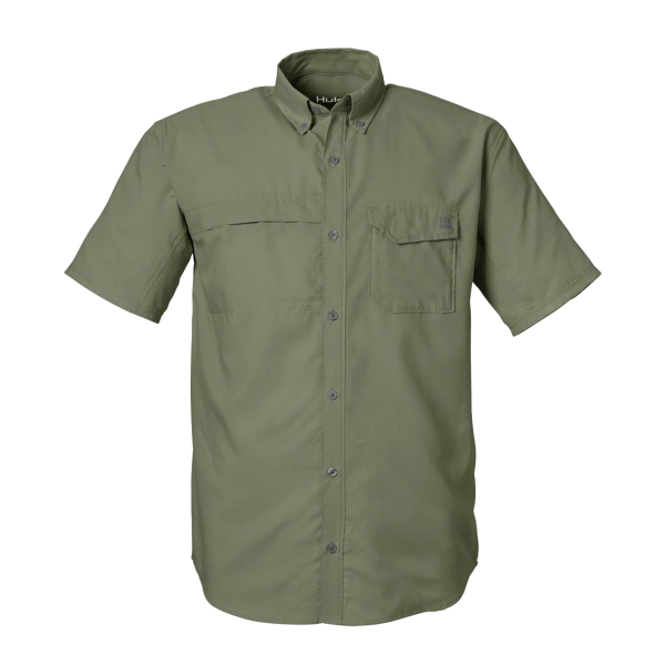 HUK Men's Tide Point Short Sleeve Shirt, Moss, Front view