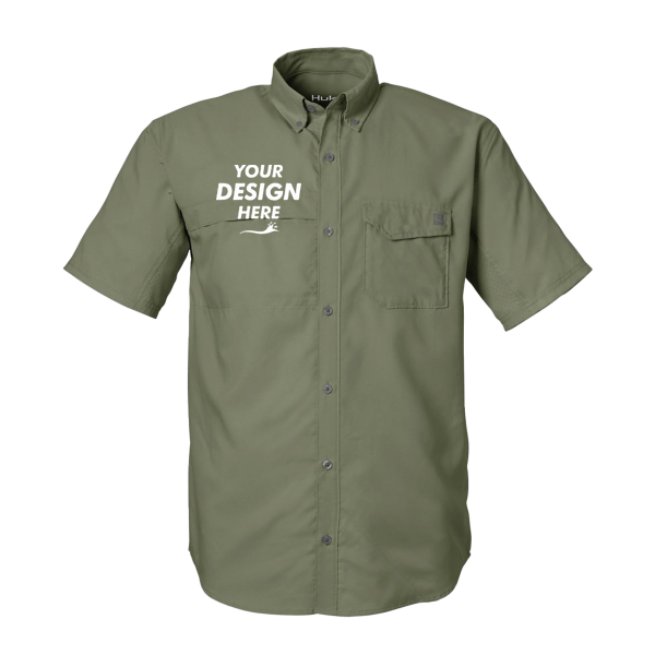 HUK Men's Tide Point Short Sleeve Shirt, Moss, Front view, Mockup