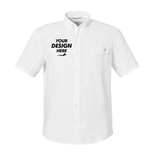 HUK Men's Tide Point Short Sleeve Shirt, White, Front view, Mockup