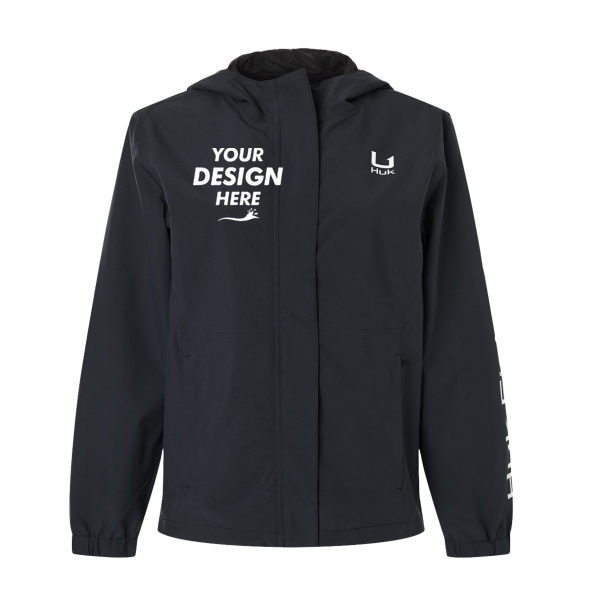 HUK Women's Storm Rain Jacket, Black, Front view, Mockup