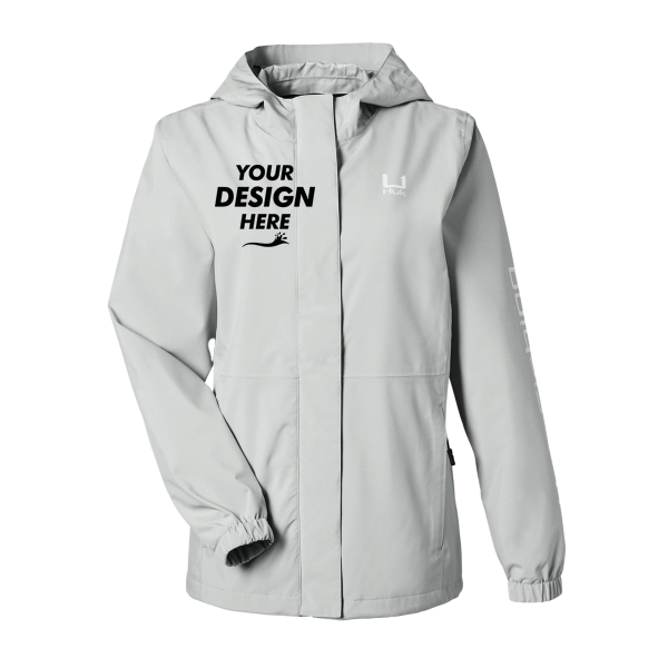 HUK Women's Storm Rain Jacket, Harbor Mist, Front view, Mockup