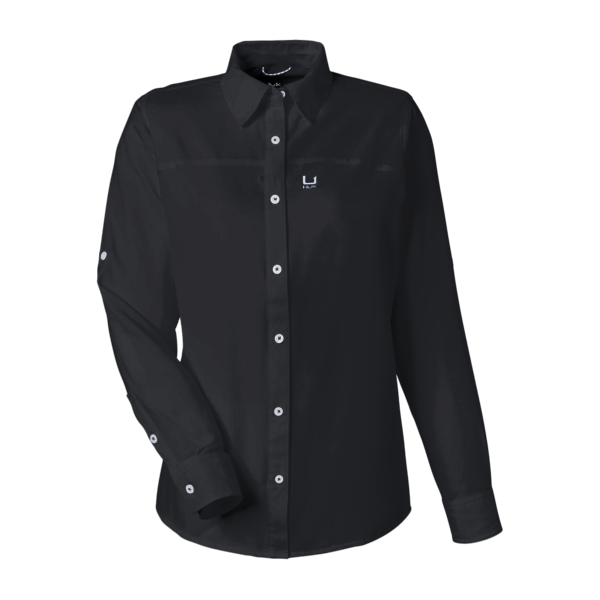 HUK Women's Tide Point Long Sleeve Shirt, Black, Front view