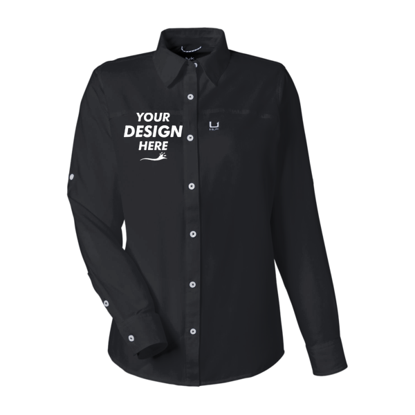 HUK Women's Tide Point Long Sleeve Shirt, Black, Front view, Mockup