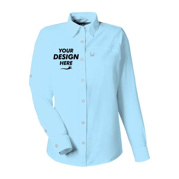 HUK Women's Tide Point Long Sleeve Shirt, Crystal Blue, Front view, Mockup