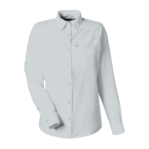HUK Women's Tide Point Long Sleeve Shirt, Harbor Mist, Front view