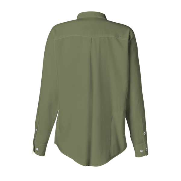 HUK Women's Tide Point Long Sleeve Shirt, Moss, Back view