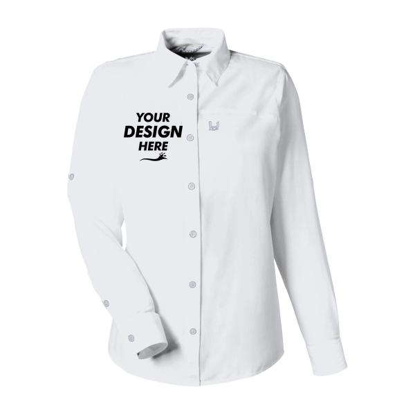 HUK Women's Tide Point Long Sleeve Shirt, White, Front view, Mockup