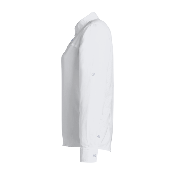 HUK Women's Tide Point Long Sleeve Shirt, White, Left Sleeve view