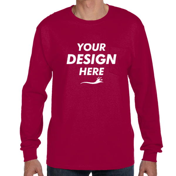 Hanes Men's Authentic Long Sleeve Pocket T-Shirt, Deep Red, Front view, Mockup