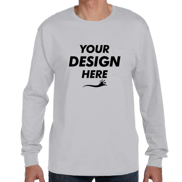 Hanes Men's Authentic Long Sleeve Pocket T-Shirt, Light Steel, Front view, Mockup