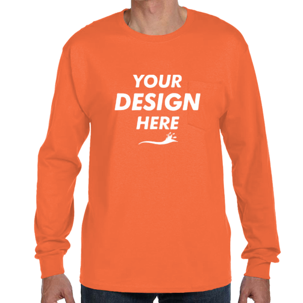 Hanes Men's Authentic Long Sleeve Pocket T-Shirt, Orange, Front view, Mockup