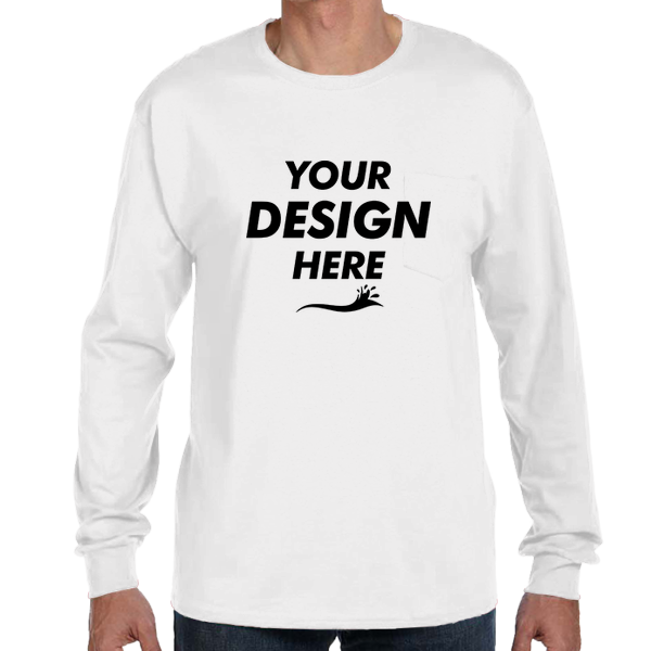 Hanes Men's Authentic Long Sleeve Pocket T-Shirt, White, Front view, Mockup