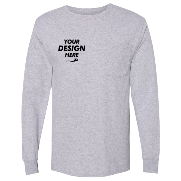 Hanes Unisex Workwear Long Sleeve Pocket T-Shirt, Light Steel, Front view, Mockup