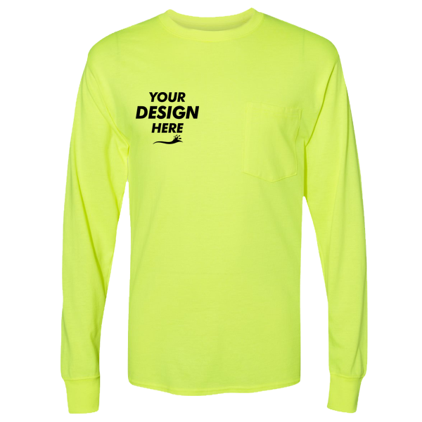 Hanes Unisex Workwear Long Sleeve Pocket T-Shirt, Safety Green, Front view, Mockup