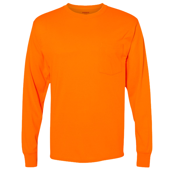 Hanes Unisex Workwear Long Sleeve Pocket T-Shirt, Safety Orange, Front view