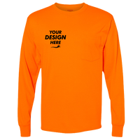 Hanes Unisex Workwear Long Sleeve Pocket T-Shirt, Safety Orange, Front view, Mockup