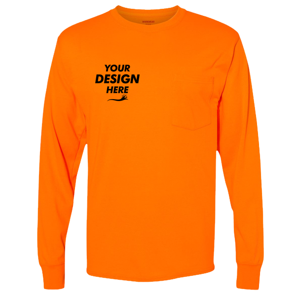 Hanes Unisex Workwear Long Sleeve Pocket T-Shirt, Safety Orange, Front view, Mockup