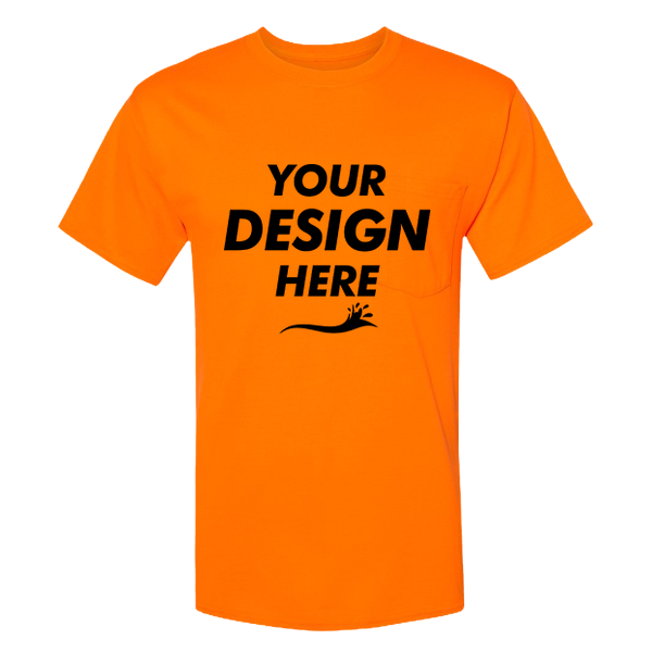 Hanes Unisex Workwear Pocket T-Shirt, Safety Orange, Front view, Mockup