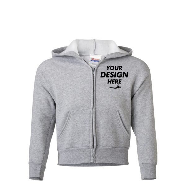 Hanes Youth EcoSmart® Full-Zip Hooded Sweatshirt, Light Steel, Front view, Mockup
