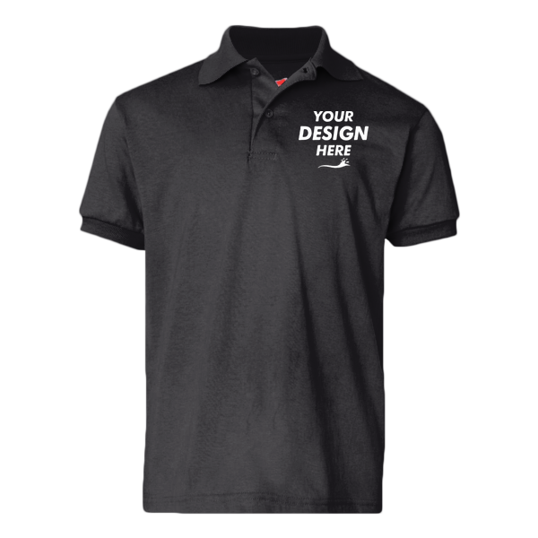 Hanes Youth EcoSmart® Jersey Polo, Black, Front view, Mockup