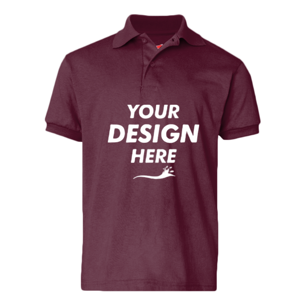 Hanes Youth EcoSmart® Jersey Polo, Maroon, Front view, Mockup