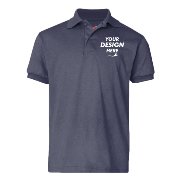 Hanes Youth EcoSmart® Jersey Polo, Navy, Front view, Mockup
