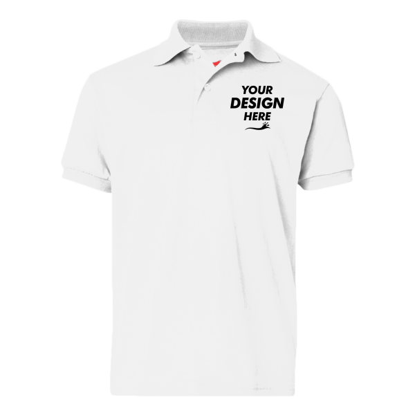 Hanes Youth EcoSmart® Jersey Polo, White, Front view, Mockup