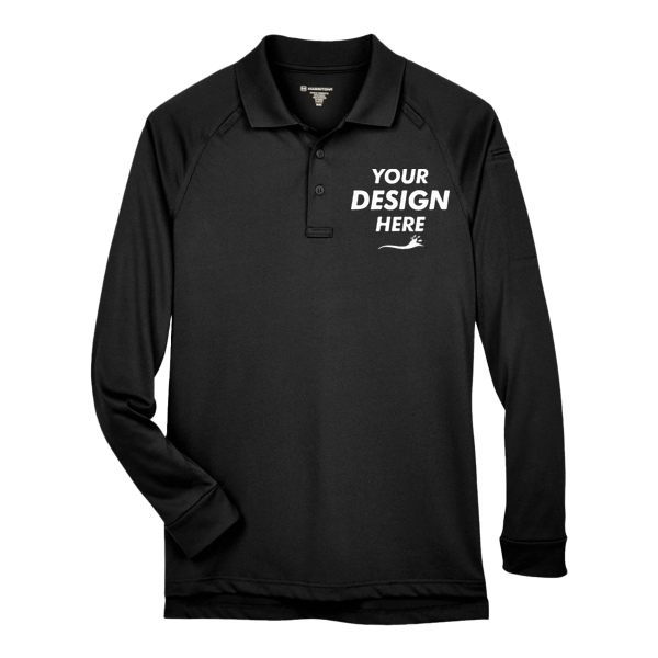 Harriton Men's Advantage Long Sleeve Tactical Polo, Black, Front view, Mockup