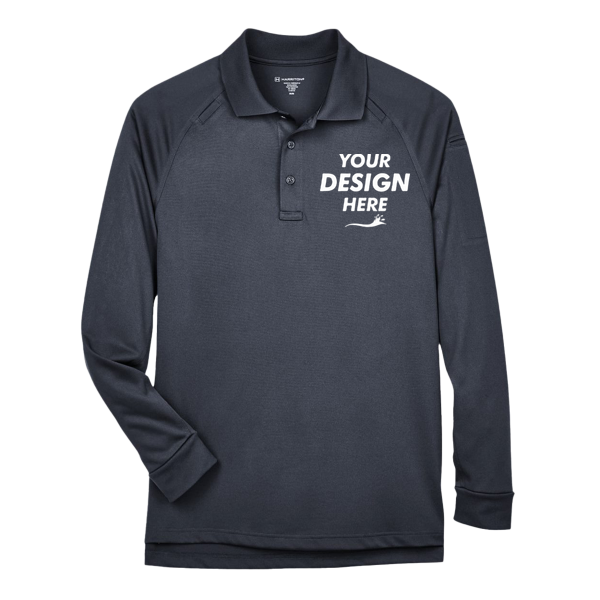Harriton Men's Advantage Long Sleeve Tactical Polo, Dark Charcoal, Front view, Mockup