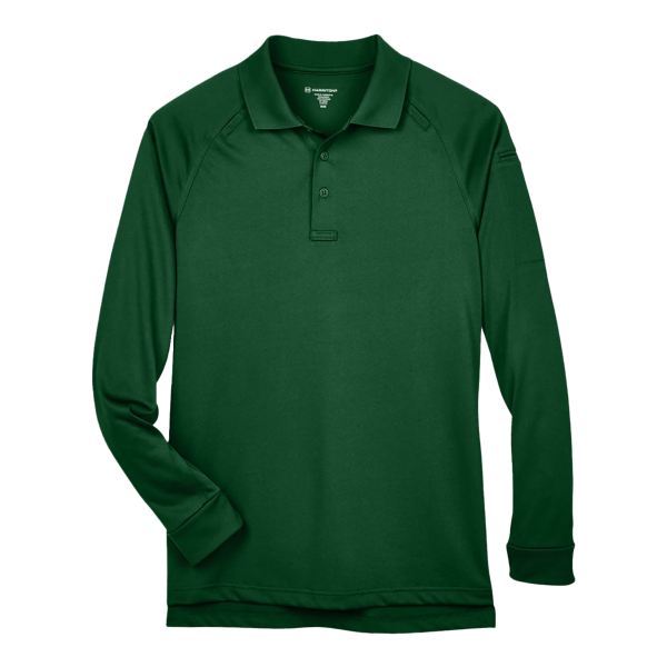 Harriton Men's Advantage Long Sleeve Tactical Polo, Dark Green, Front view