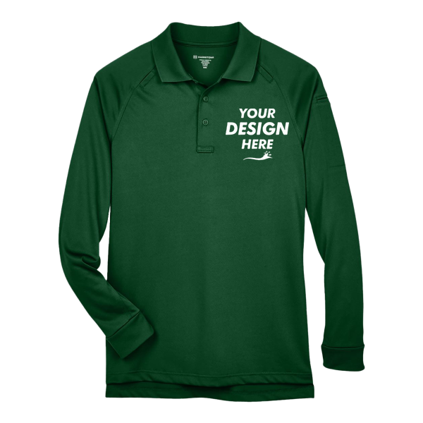 Harriton Men's Advantage Long Sleeve Tactical Polo, Dark Green, Front view, Mockup