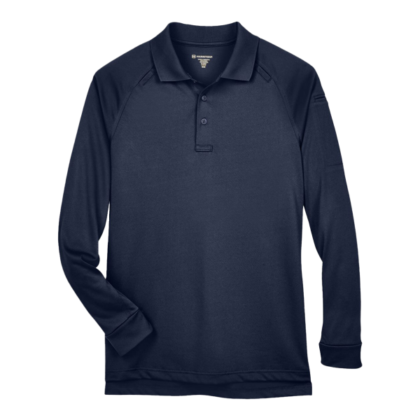 Harriton Men's Advantage Long Sleeve Tactical Polo, Dark Navy, Front view