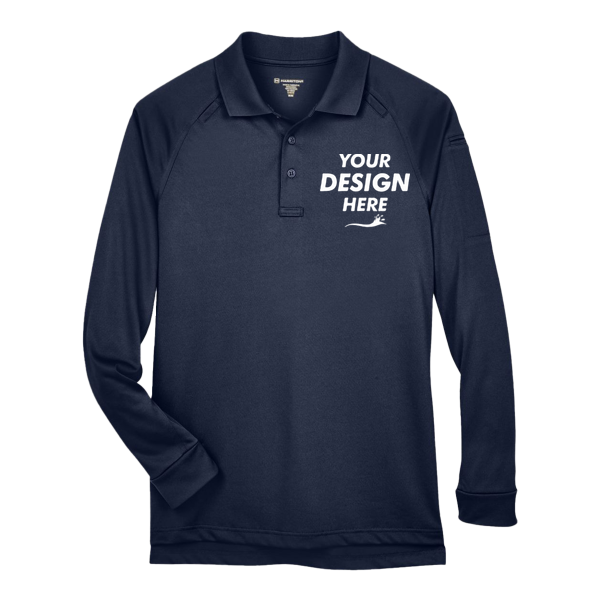 Harriton Men's Advantage Long Sleeve Tactical Polo, Dark Navy, Front view, Mockup