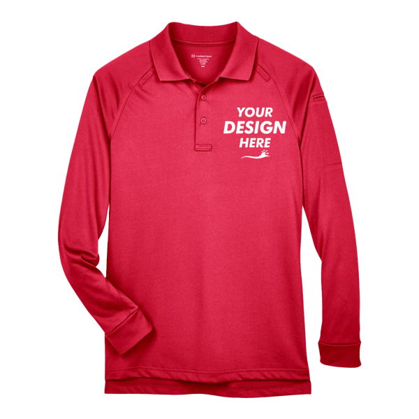 Harriton Men's Advantage Long Sleeve Tactical Polo, Red, Front view, Mockup