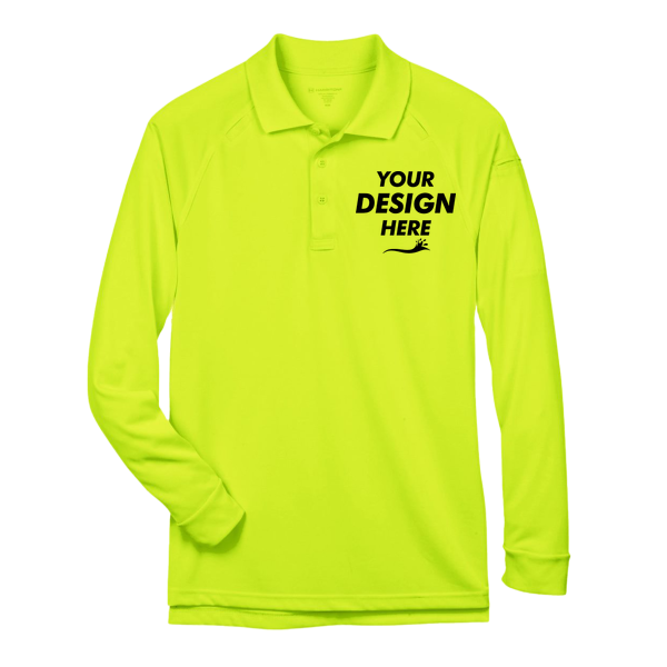 Harriton Men's Advantage Long Sleeve Tactical Polo, Safety Yellow, Front view, Mockup