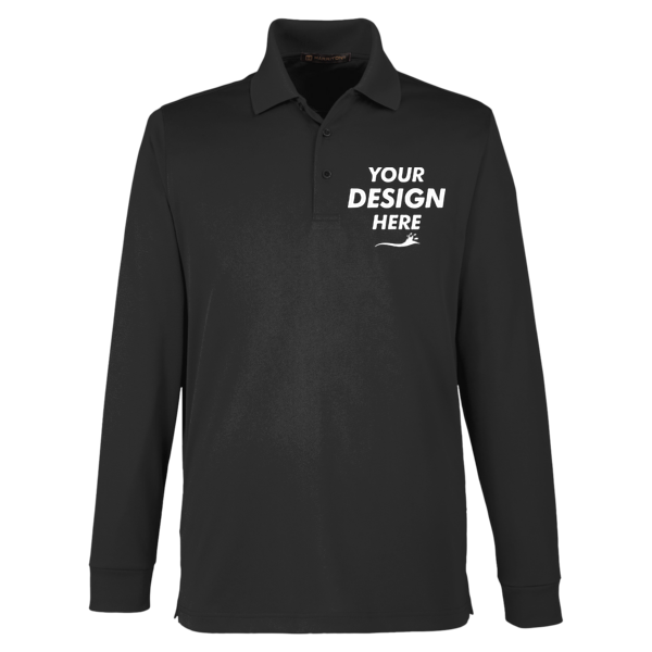 Harriton Men's Advantage Snag Protection Plus IL Long Sleeve Polo, Black, Front view, Mockup
