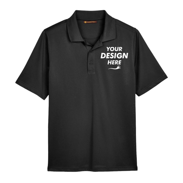 Harriton Men's Advantage Snag Protection Plus Polo, Black, Front view, Mockup