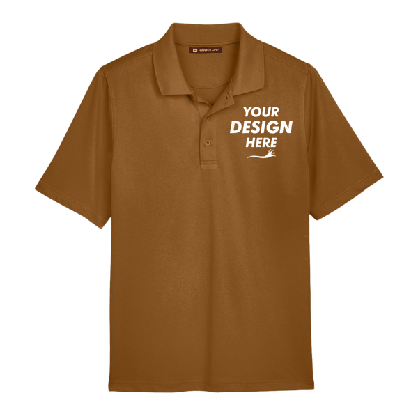 Harriton Men's Advantage Snag Protection Plus Polo, Duck Brown, Front view, Mockup