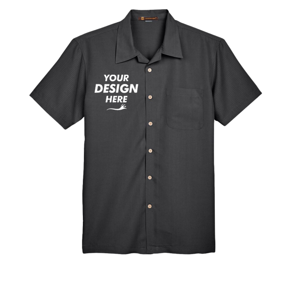 Harriton Men's Barbados Textured Camp Shirt, Black, Front view, Mockup